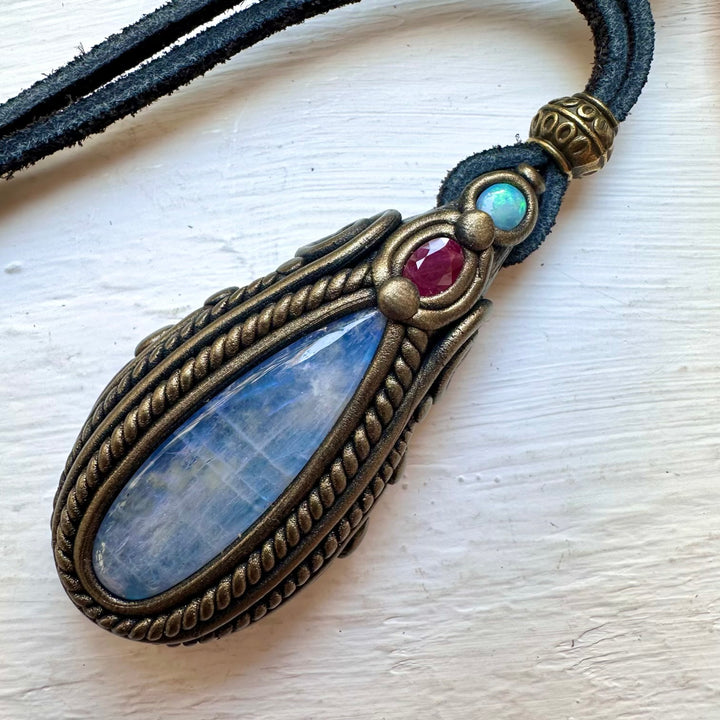 Rainbow Moonstone Ruby and Australian Opal Necklace - FairyGardenGlow