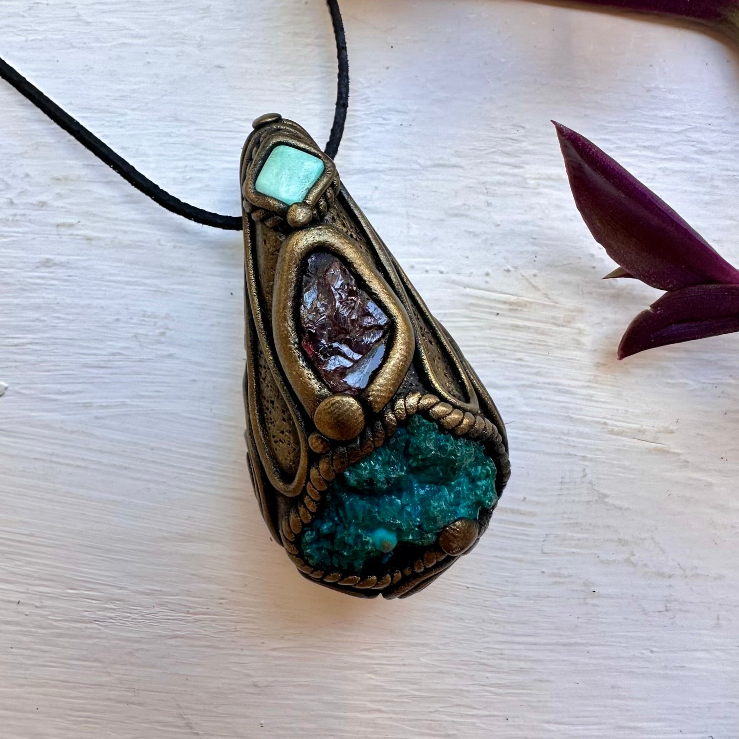 Raw Chrysocolla Red Garnet and Tibetan Turquoise Necklace - FairyGardenGlow