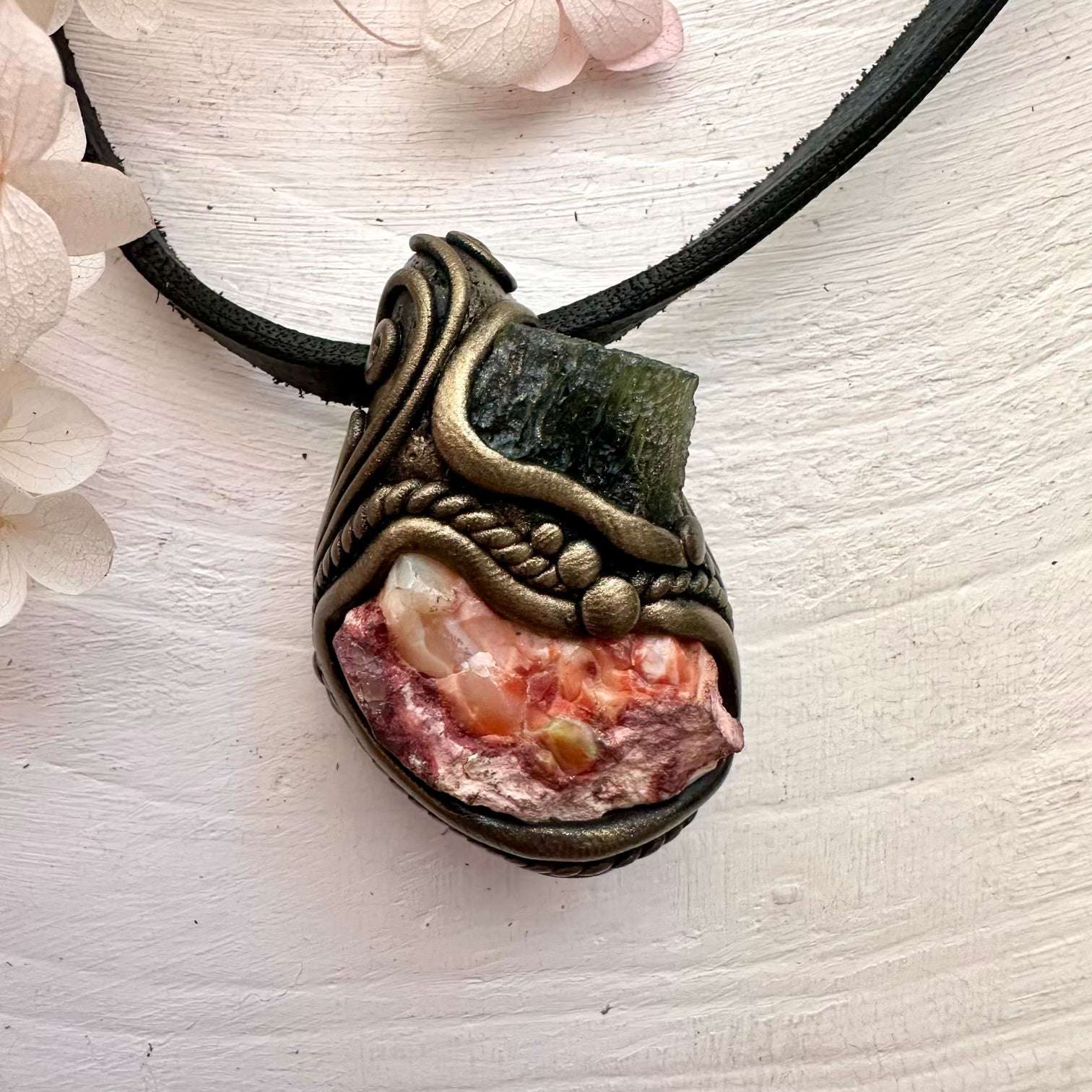 Mexican Fire Opal and Moldavite Pendant Necklace - FairyGardenGlow