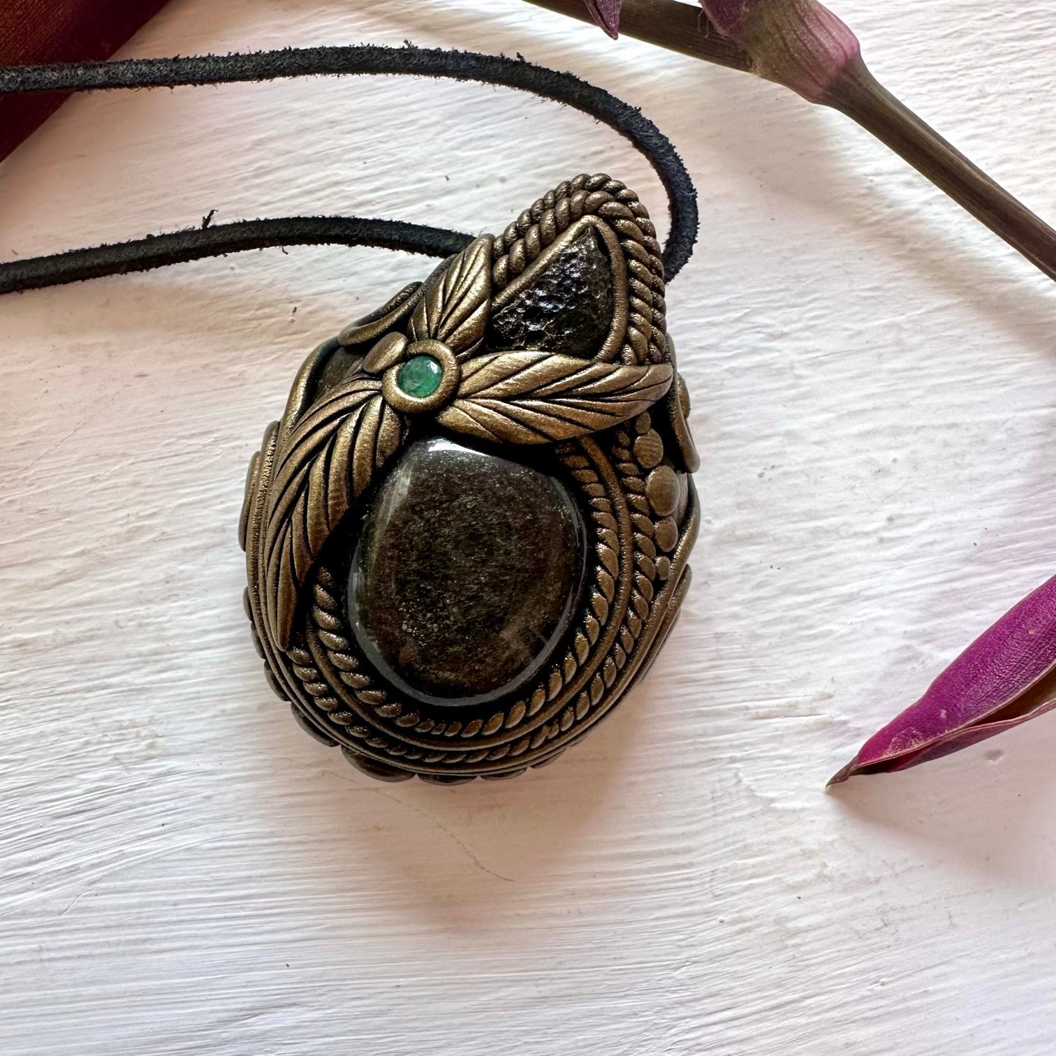 Gold Sheen Obsidian Moldavite and Emerald Necklace - FairyGardenGlow