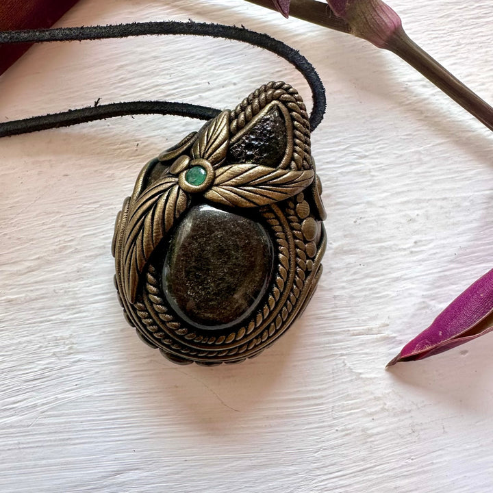 Gold Sheen Obsidian Moldavite and Emerald Necklace - FairyGardenGlow