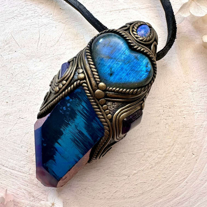 Cobalt Aura Quartz, Blue Labradorite Heart, Tanzanite, Amethyst and Australian Opal Crystal Wand / Unique Crystal Pendant - FairyGardenGlow