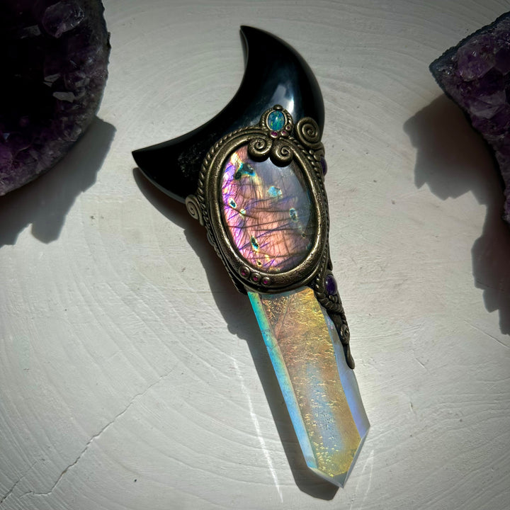 Large Angel Aura Quartz Black Obsidian Moon Labradorite Australian Opal Amethyst and Ruby Wand - FairyGardenGlow