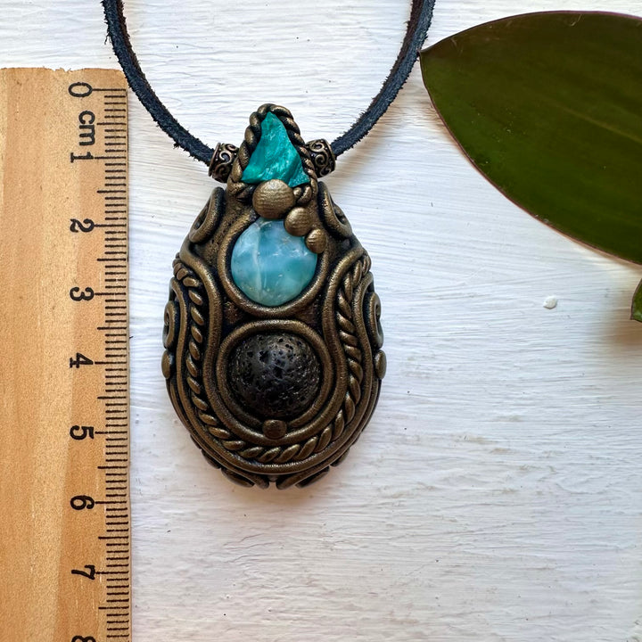 Lava Stone Larimar and Raw Chrysocolla Necklace - FairyGardenGlow