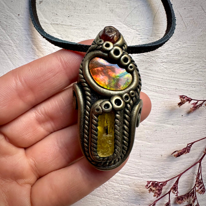 Ammolite Heliodor and Hessonite Garnet Necklace - FairyGardenGlow