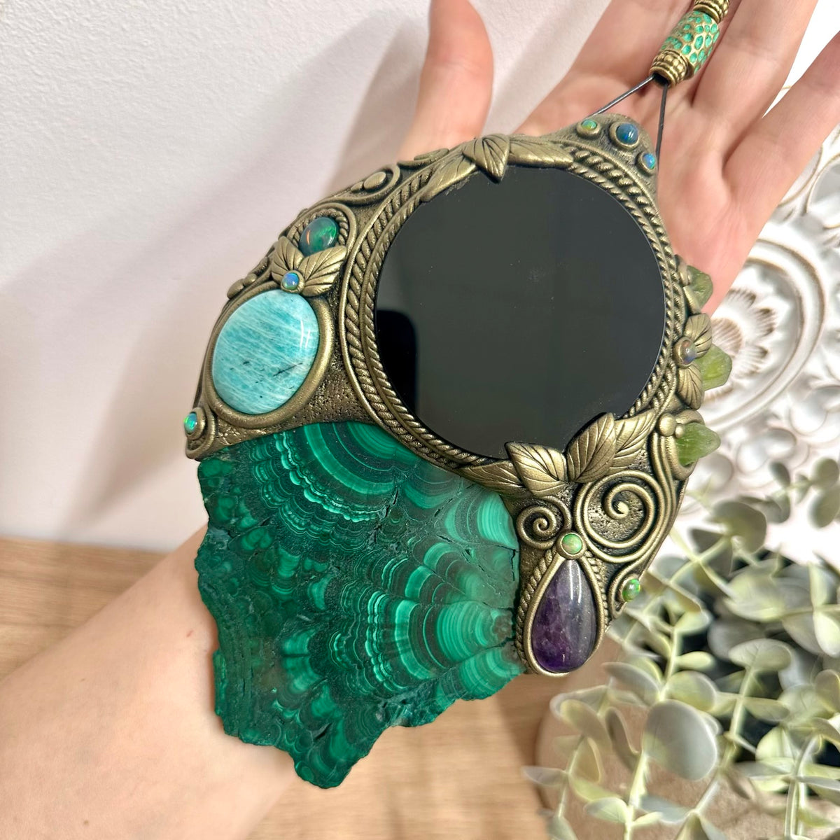 Handmade Natural Malachite Wall Hanging - Black Obsidian Mirror Crystal Home Decor - One of a kind Spiritual Art with Amazonite, Amethyst, Peridot and Black Ethiopian Opal