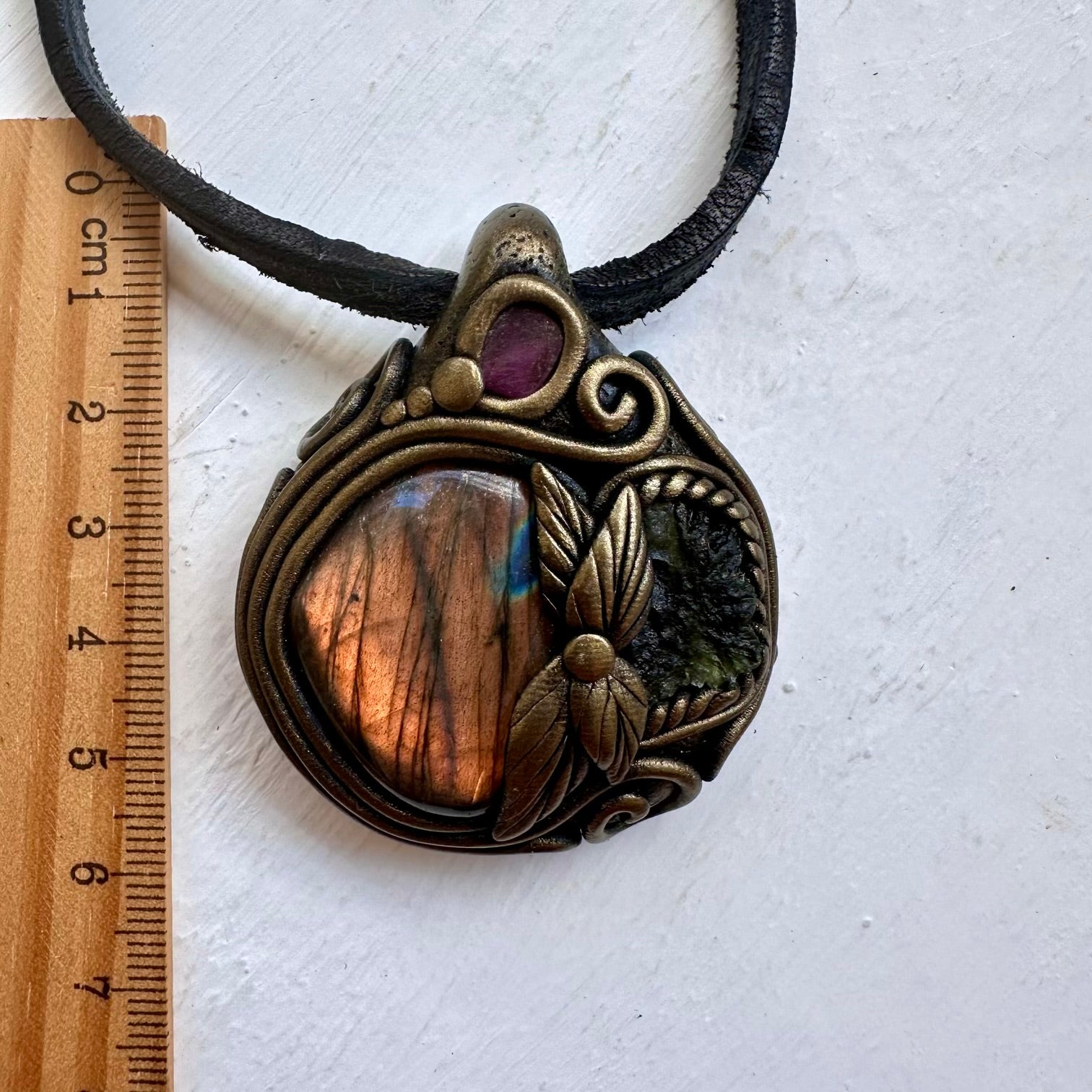 Labradorite Moldavite and Ruby Necklace - FairyGardenGlow