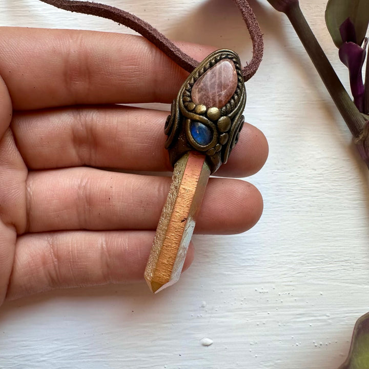 Sunset Aura Quartz Sunstone and Moonstone Pendant Necklace - FairyGardenGlow