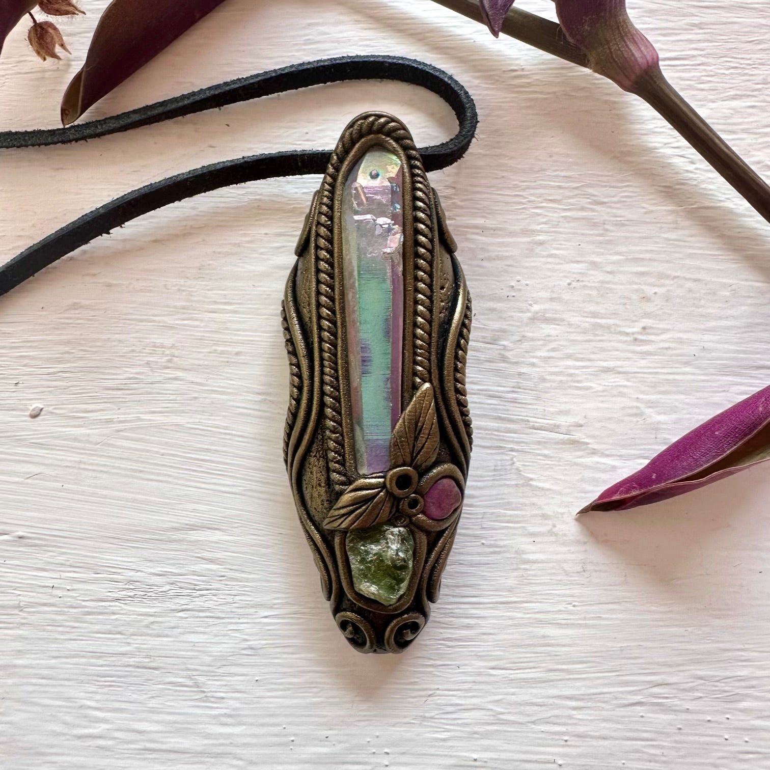 Angel Aura Quartz Raw Peridot and Ruby Necklace - FairyGardenGlow