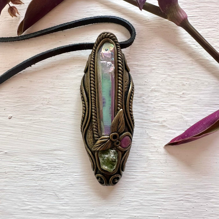 Angel Aura Quartz Raw Peridot and Ruby Necklace - FairyGardenGlow