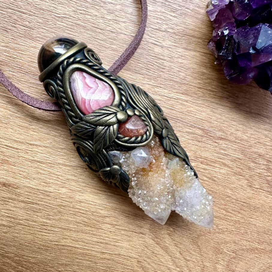 Spirit Quartz Smoky Quartz Rhodochroiste and Sunstone Crystal Talisman / Handmade Gemstone Wand-Pendant - FairyGardenGlow