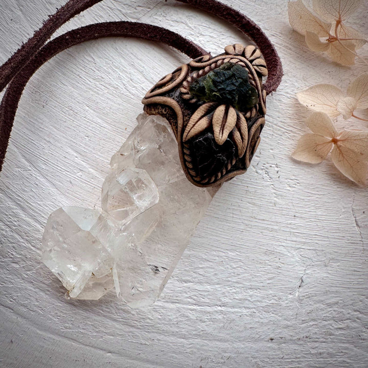 Faden Quartz Moldavite and Red Garnet Necklace - FairyGardenGlow