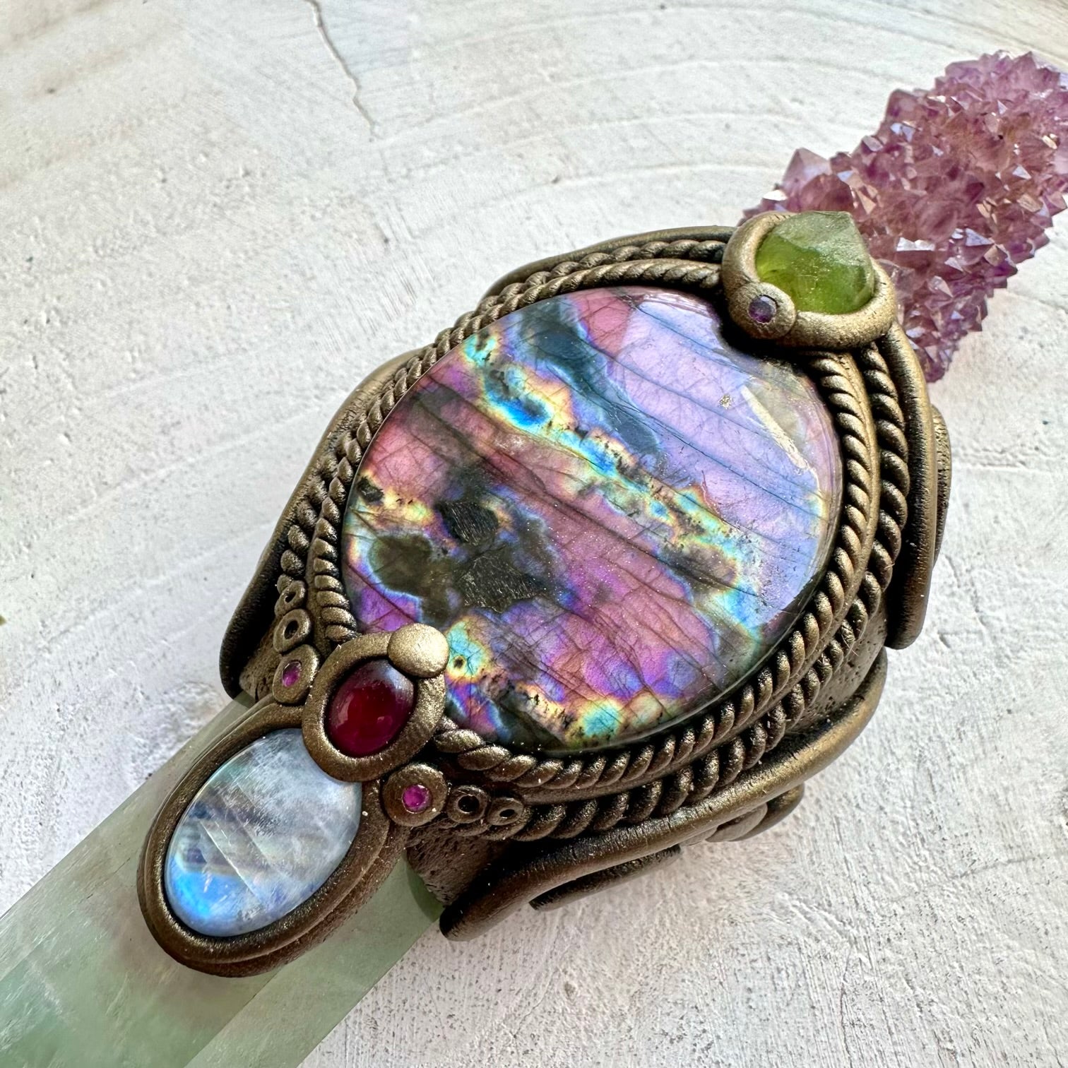 Spiritual ritual wand made with genuine Rainbow Fluorite, Rainbow Moonstone and natural healing crystals.
