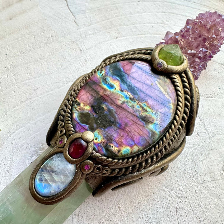 Spiritual ritual wand made with genuine Rainbow Fluorite, Rainbow Moonstone and natural healing crystals.