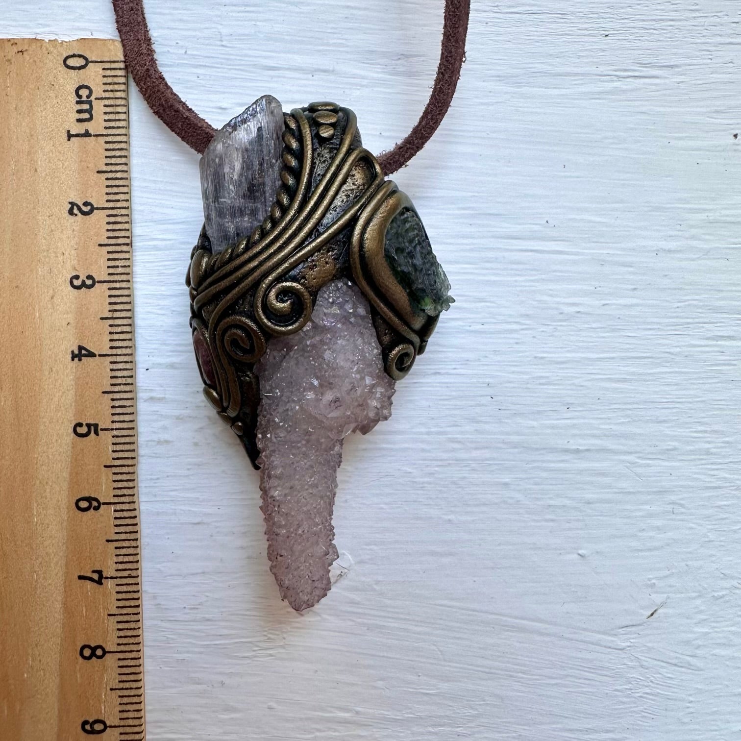 Spirit Quartz Kunzite Moldavite and Ruby Necklace - FairyGardenGlow