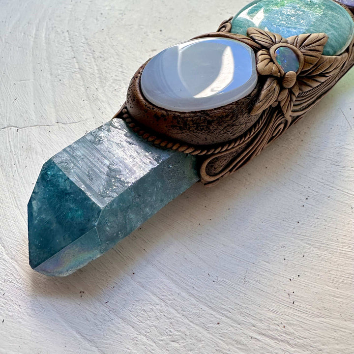 Crystal Wand - Green Fluorite, Aqua Aura Quartz, Amazonite, Blue Chalcedony, Tanzanite and Australian Opal Doublet - FairyGardenGlow