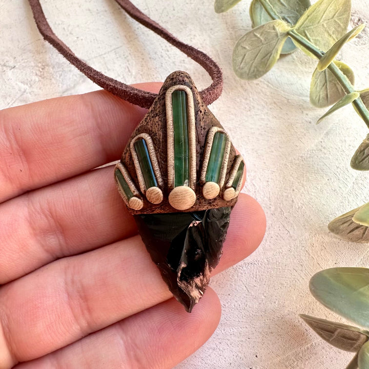 Healing crystal jewelry with Obsidian Arrowhead and Green Tourmaline pendant