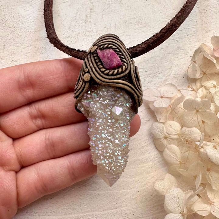 Angel Aura Spirit Quartz and Ruby Pendant Necklace - FairyGardenGlow