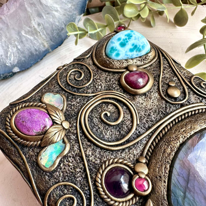 Witchy altar decor with opal and aqua aura quartz