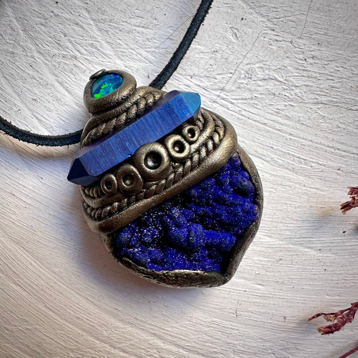 Azurite with Cobalt Aura Quartz and Black Australian Opal Pendant Necklace - FairyGardenGlow