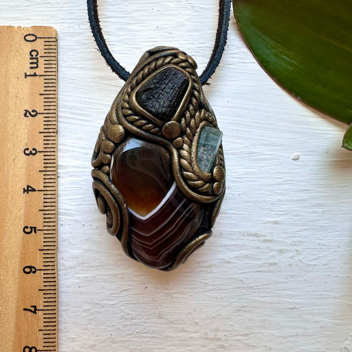 Botswana Agate Aquamarine and Moldavite Necklace, Handmade Crystal Jewelry - FairyGardenGlow