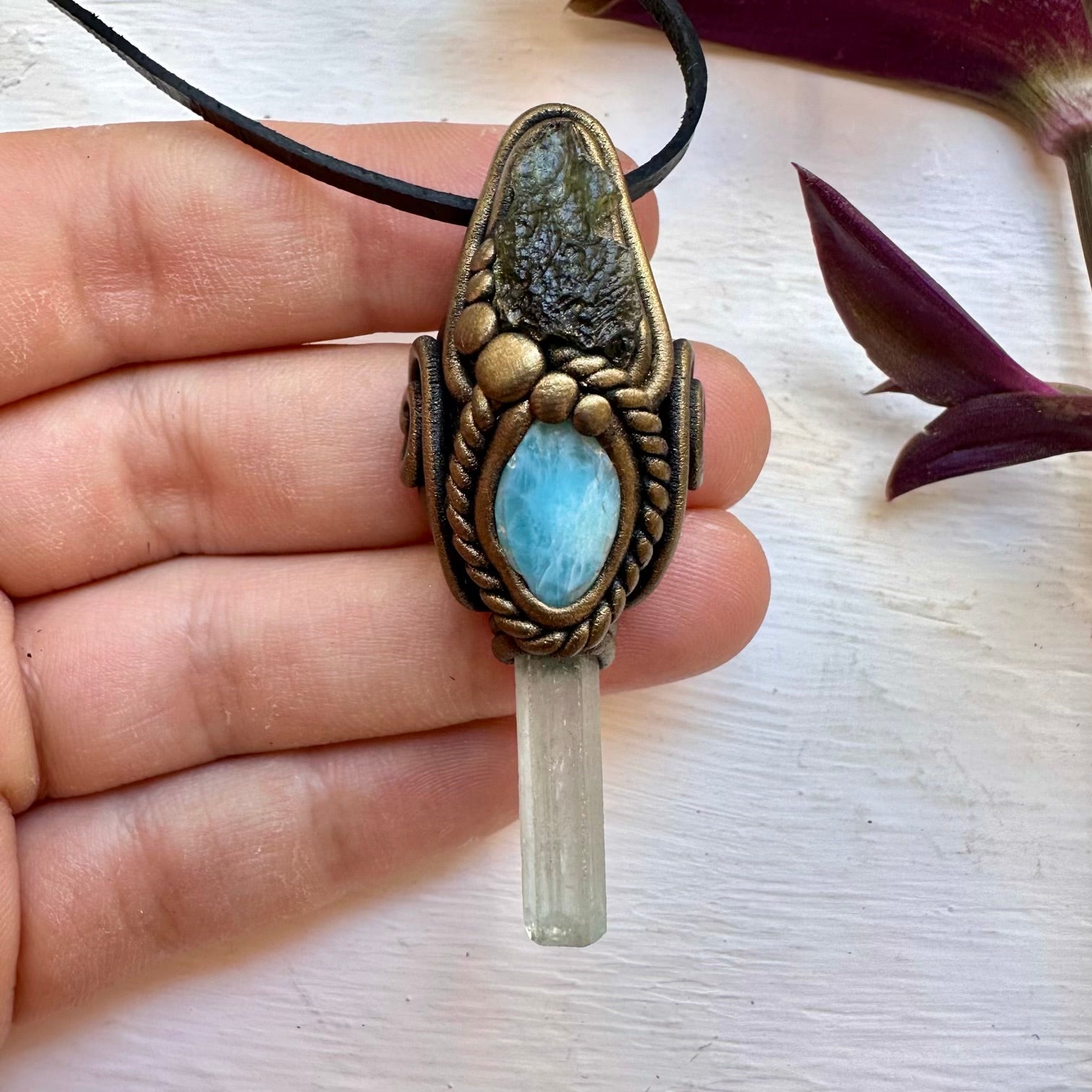 Aquamarine Larimar and Moldavite Necklace - FairyGardenGlow