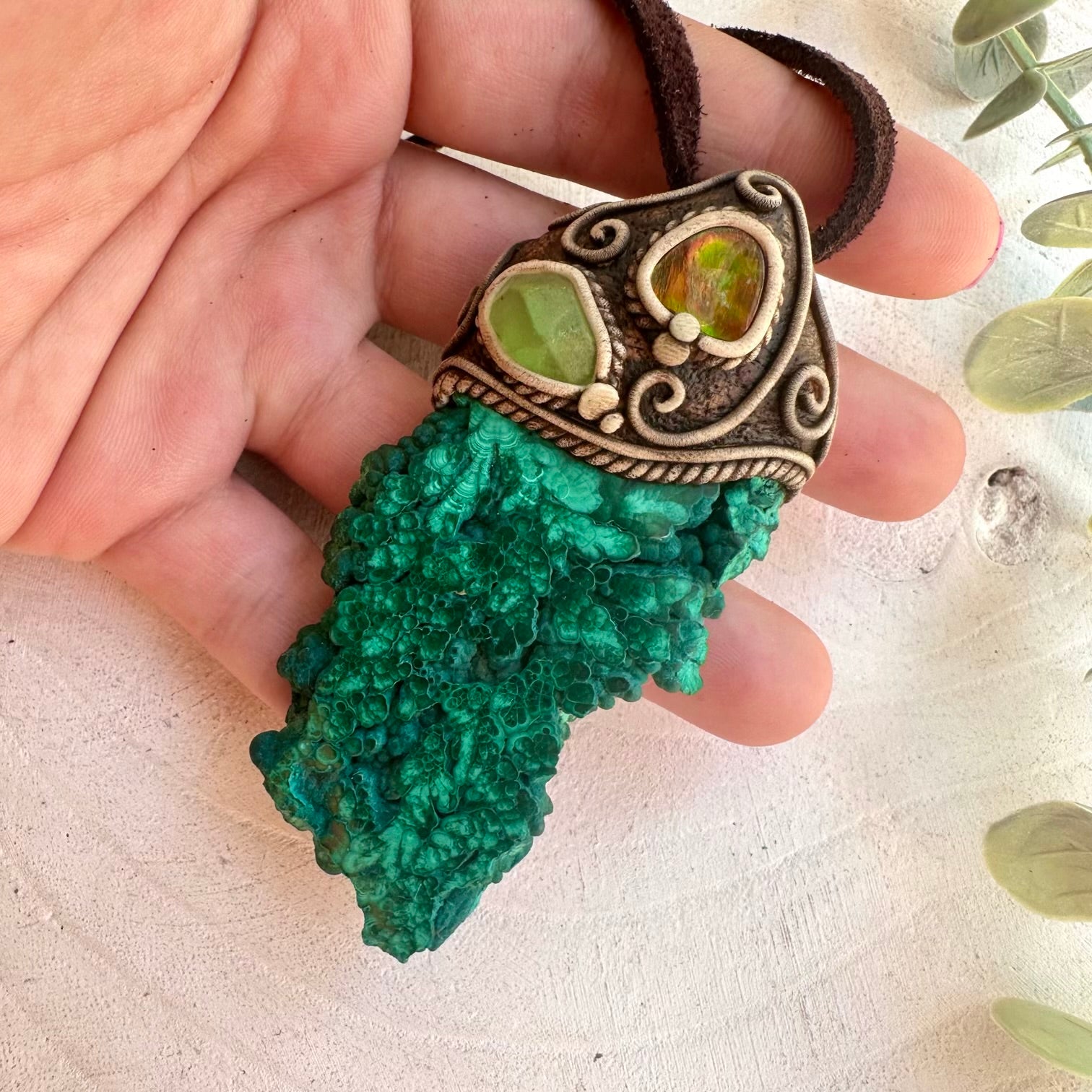 Healing crystal pendant necklace with natural Malachite Ammolite Peridot