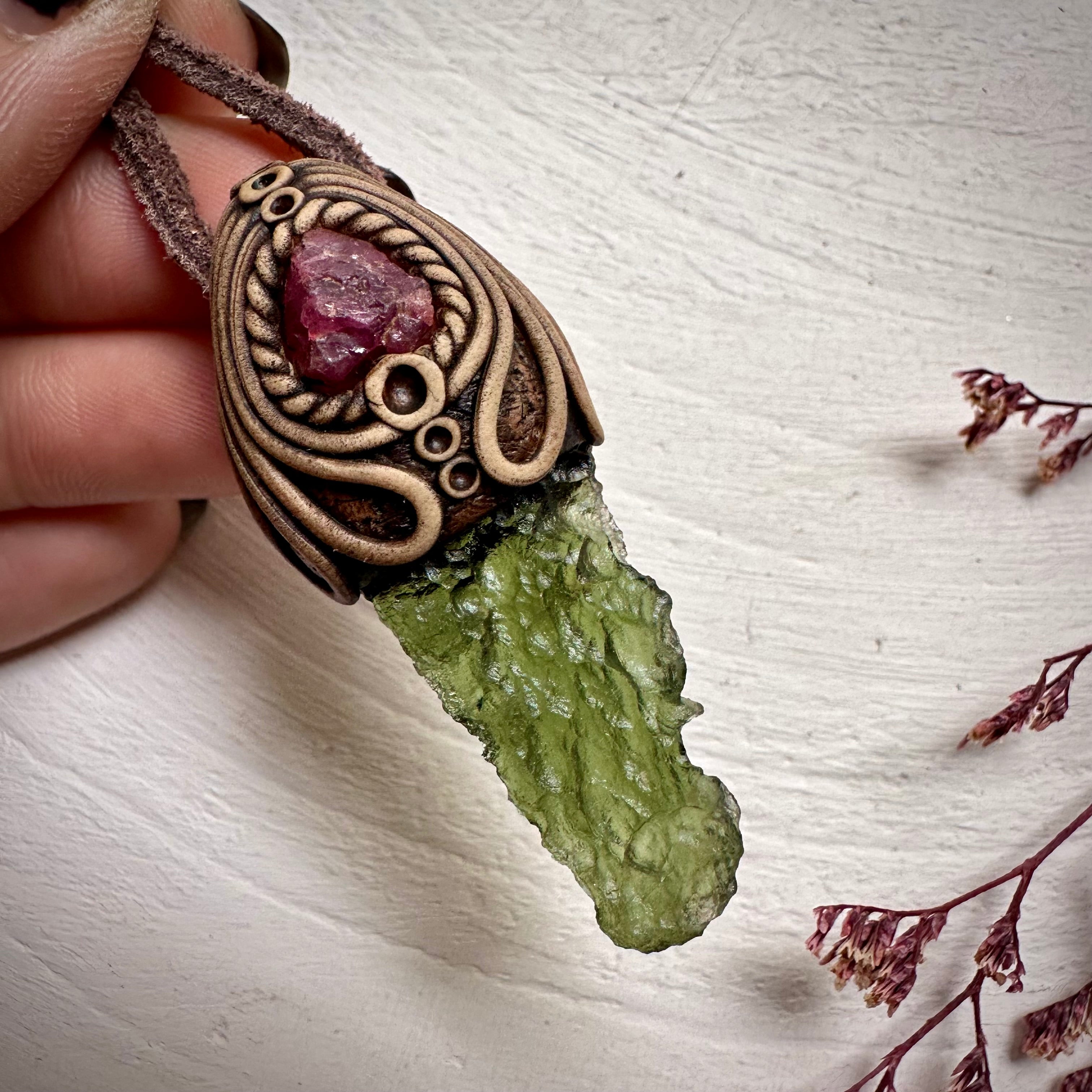 Moldavite and Raw Spinel Necklace - FairyGardenGlow