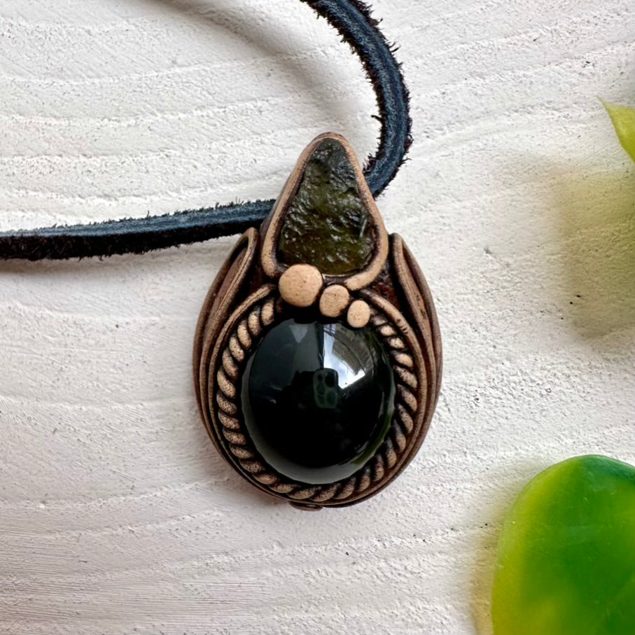 Rainbow Obsidian and Moldavite Pendant Necklace