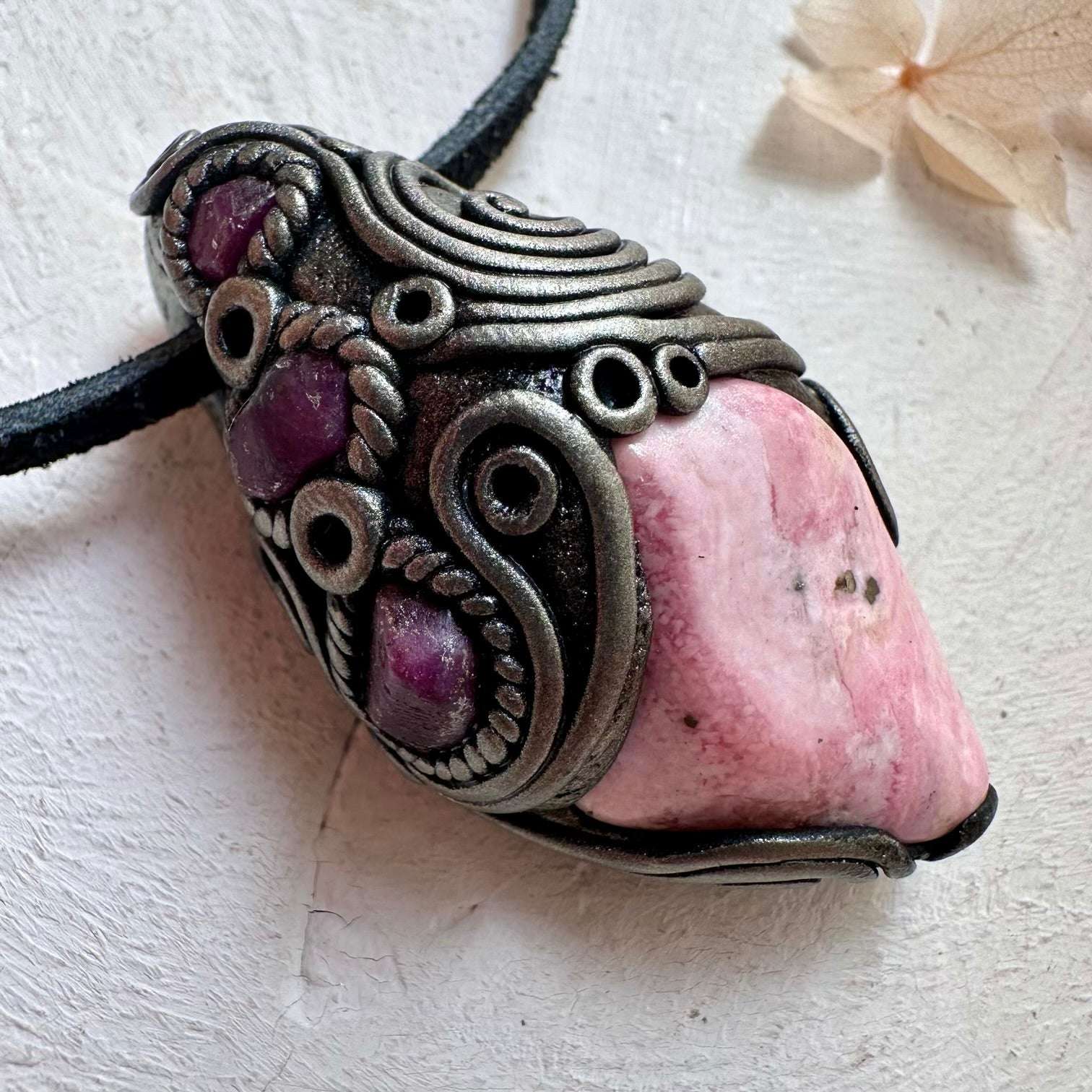 Peruvian Rhodonite and Ruby Crystal Necklace - FairyGardenGlow