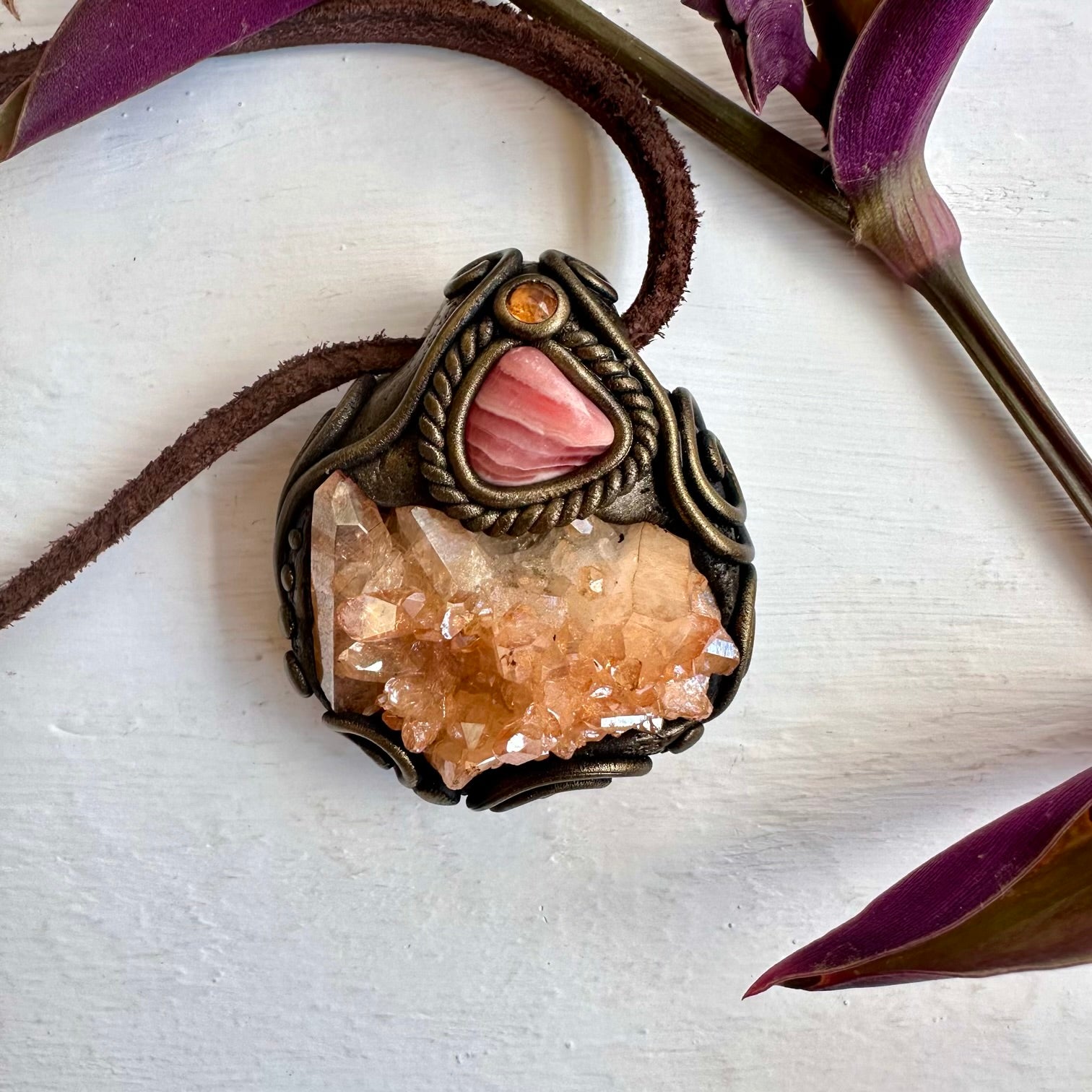 Tangerine Aura Quartz Cluster Rhodochrosite and Imperial Topaz Necklace - FairyGardenGlow