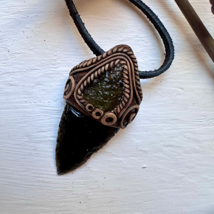 Black Obsidian Arrowhead and Moldavite Necklace - FairyGardenGlow