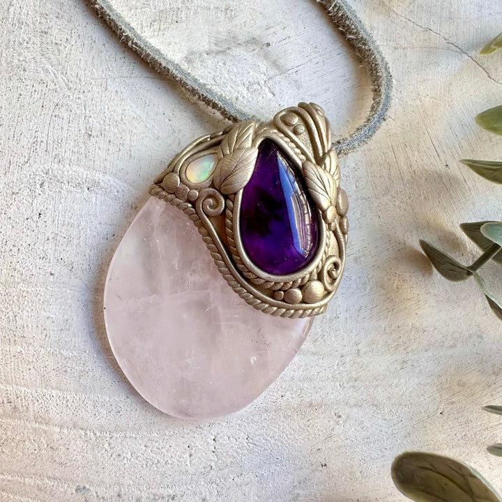 Natural gemstone pendant with pink Rose Quartz, purple Amethyst and colorful Ethiopian Opal accents.