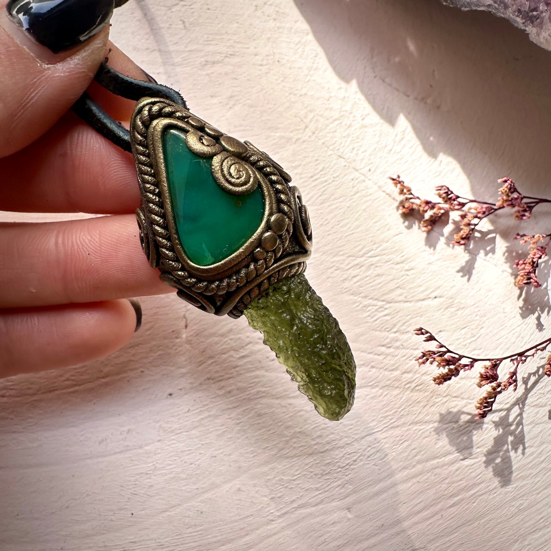 Moldavite and Chrysoprase Pendant Necklace