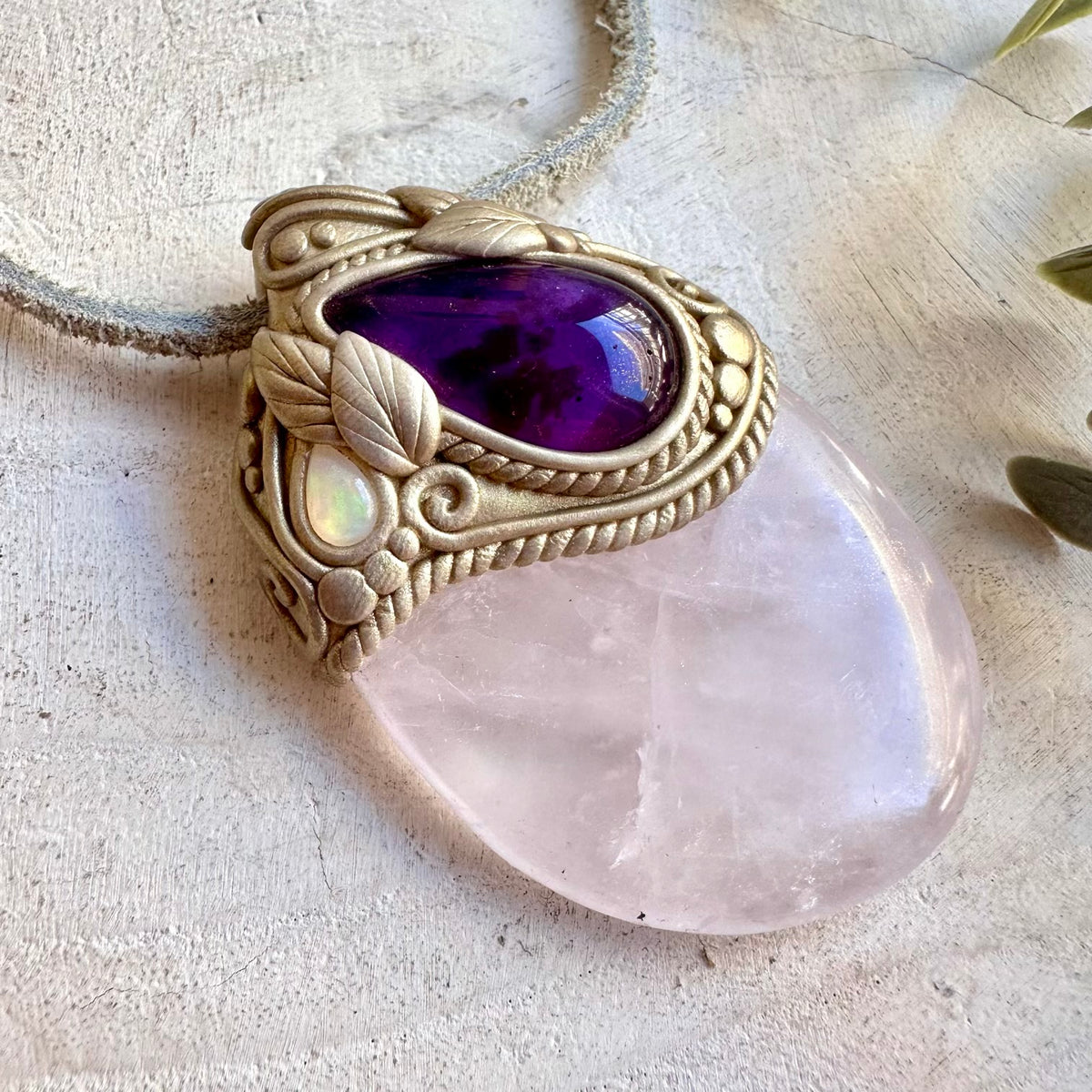 Handmade healing crystal necklace featuring Rose Quartz, Amethyst and natural Ethiopian Opal.