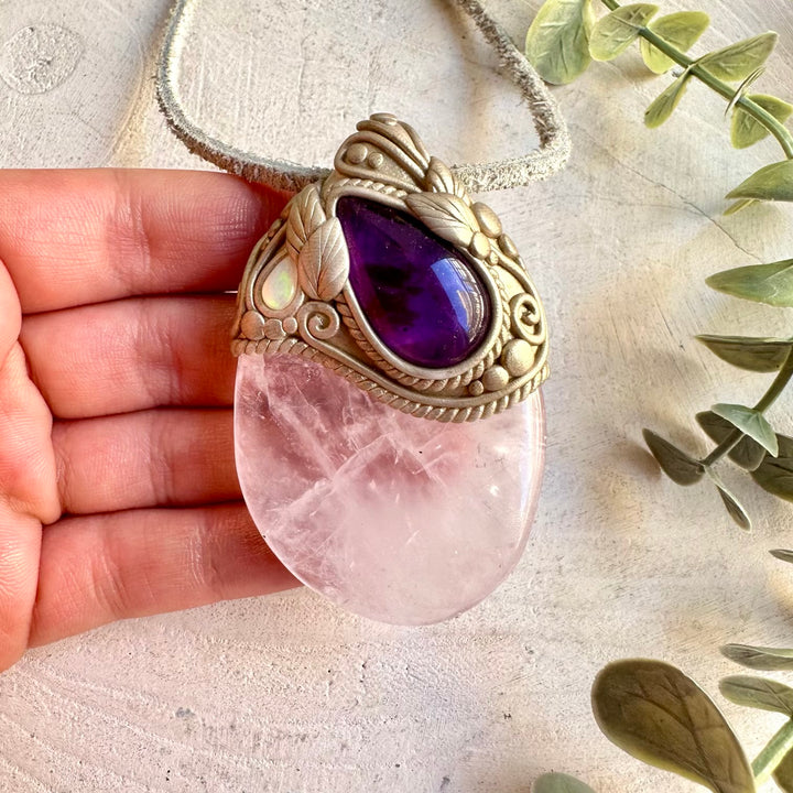 Rose Quartz with Amethyst and Ethiopian Opal pendant necklace, handcrafted as unique healing crystal gemstone jewelry.