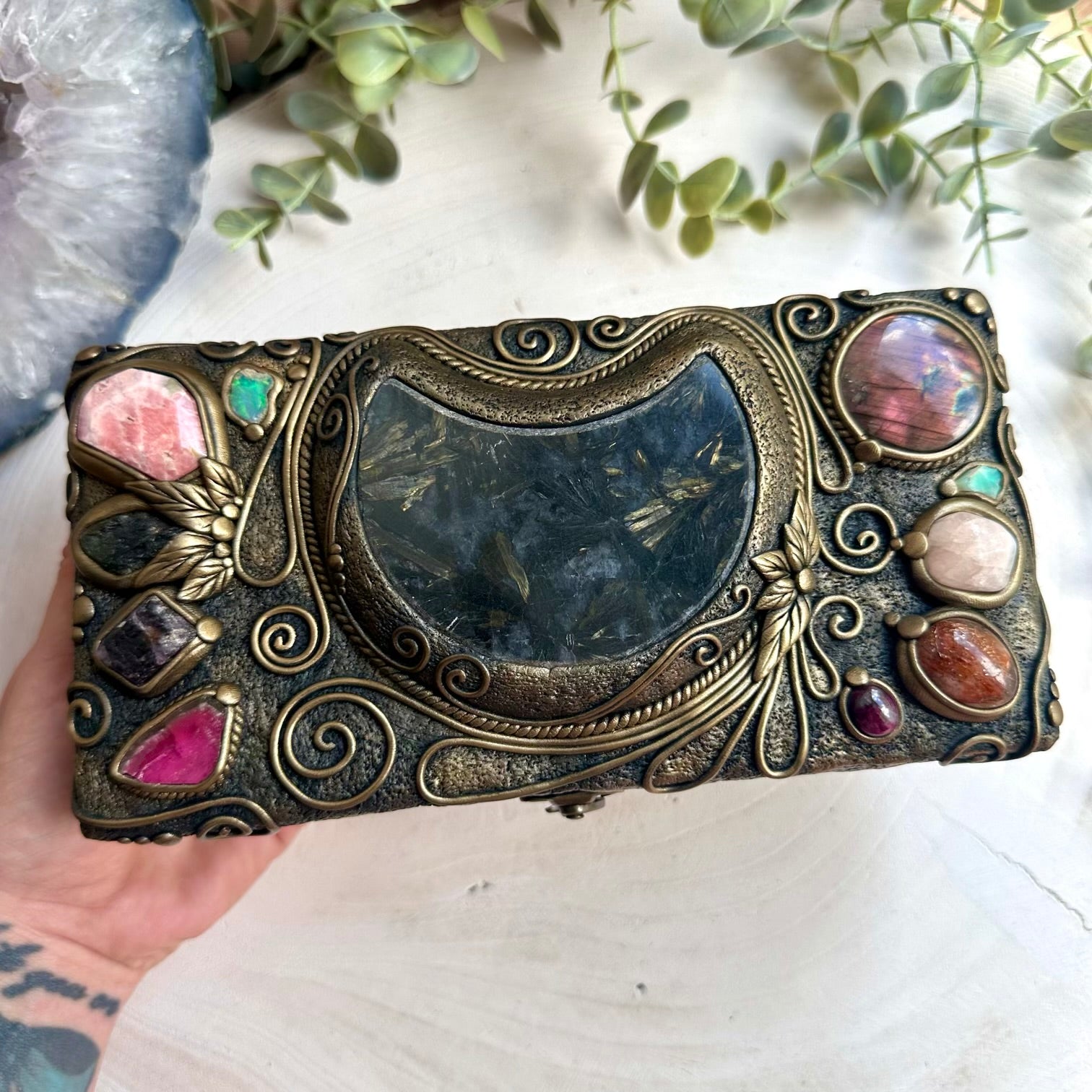 Healing crystal keepsake box decorated with moldavite, scapolite, and watermelon tourmaline