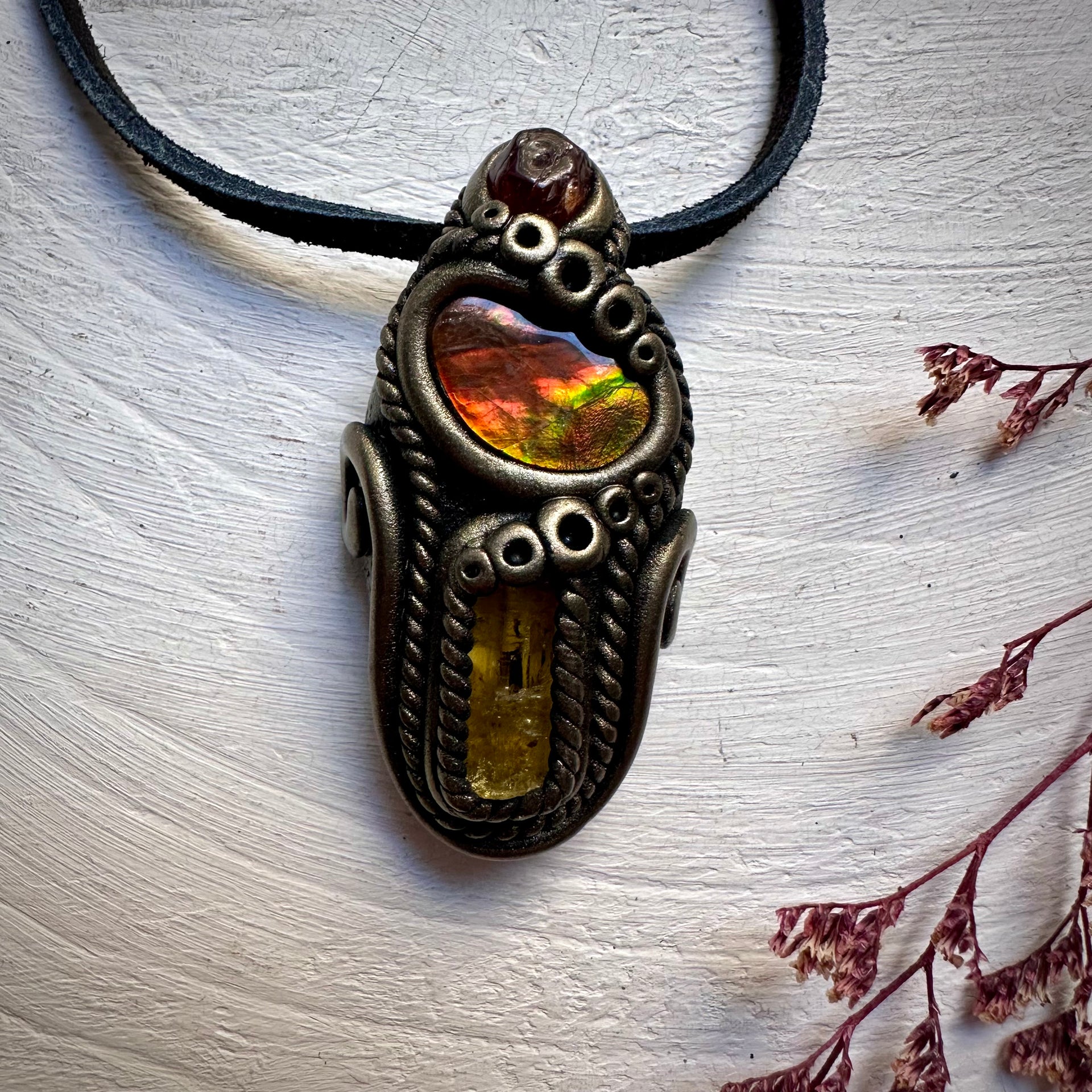 Ammolite Heliodor and Hessonite Garnet Necklace - FairyGardenGlow