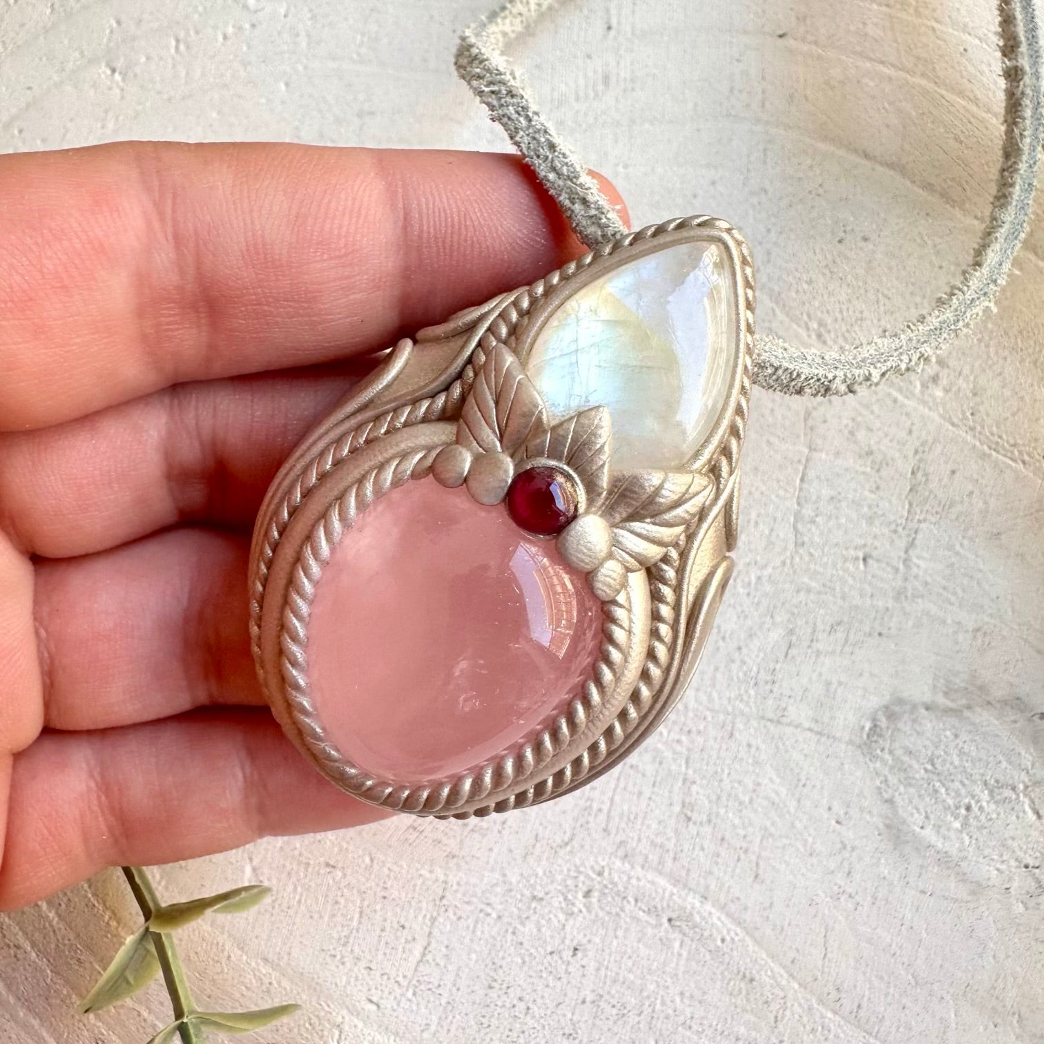 Metaphysical boho jewelry rose quartz rainbow moonstone garnet necklace