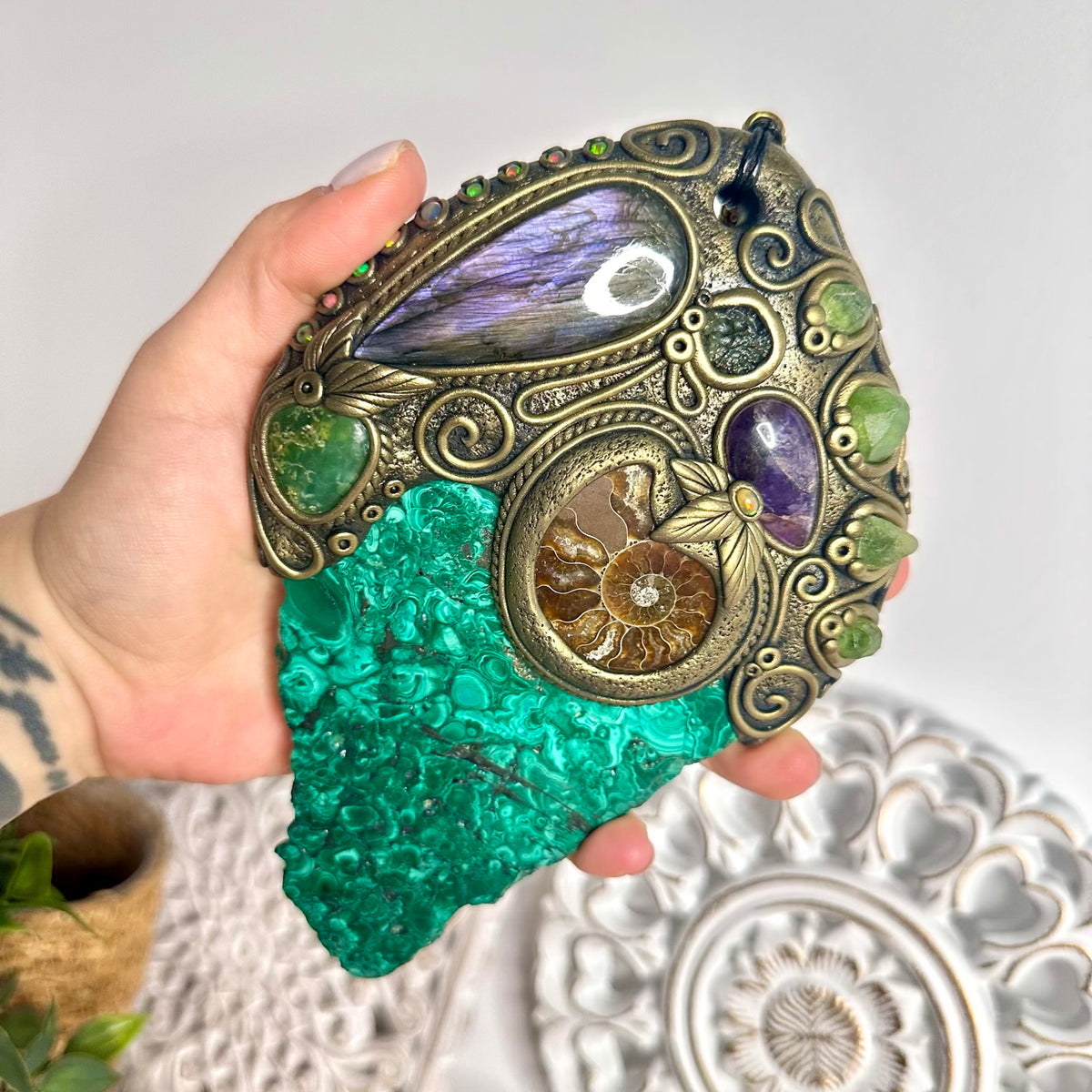 Natural Malachite Wall Hanging / Unique Handmade Crystal Home Decor with Malachite, Labradorite, Ammonite, Peridot, Moldavite, Amethyst, Chrysoprase and Black Ethiopian Opal