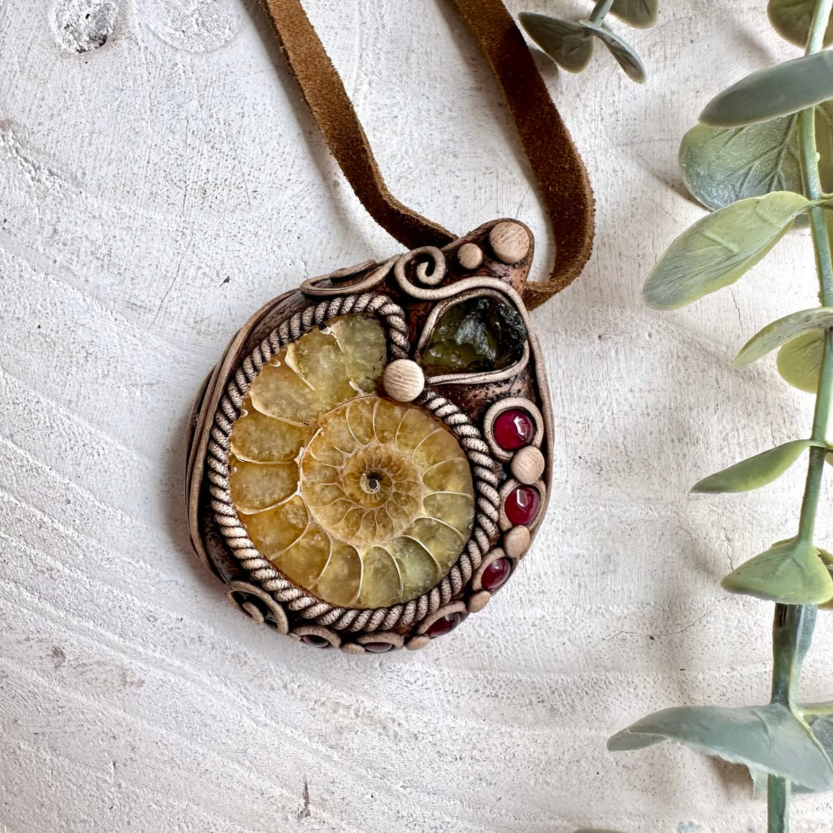 Ammonite with Moldavite and Rhodolite Garnet Necklace / Unisex Crystal Pendant