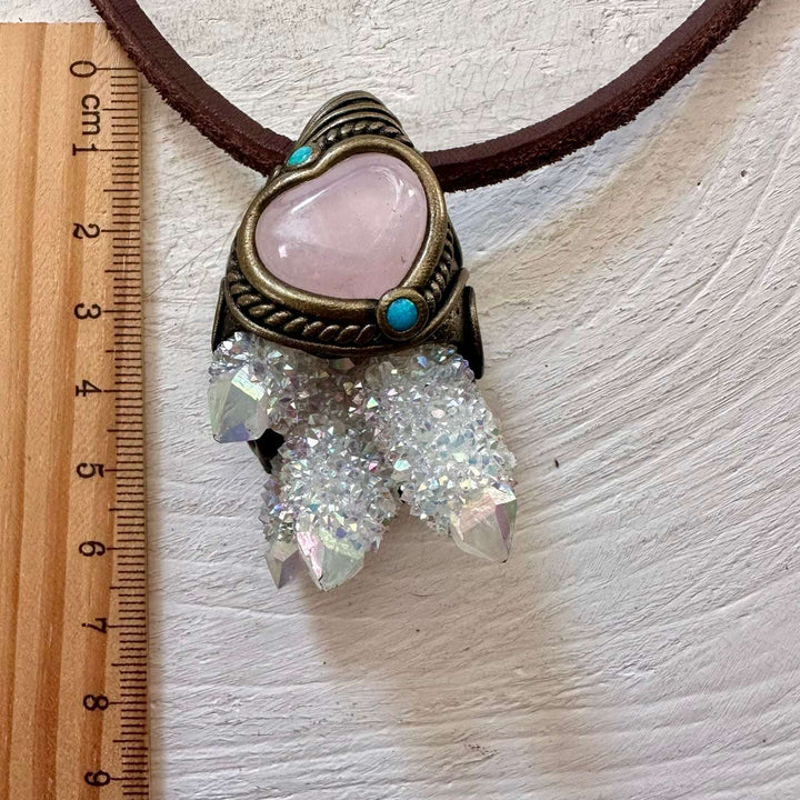 Angel Aura Spirit Quartz Cluster Rose Quartz and Australian Opal Necklace - FairyGardenGlow