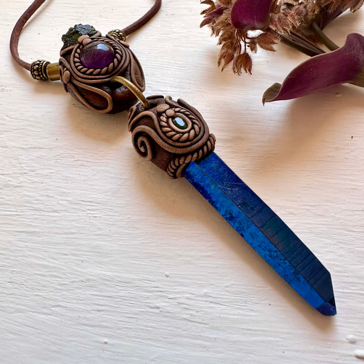 Cobalt Aura Quartz Necklace, Moldavite Amethyst and Emerald Crystal Necklace - FairyGardenGlow