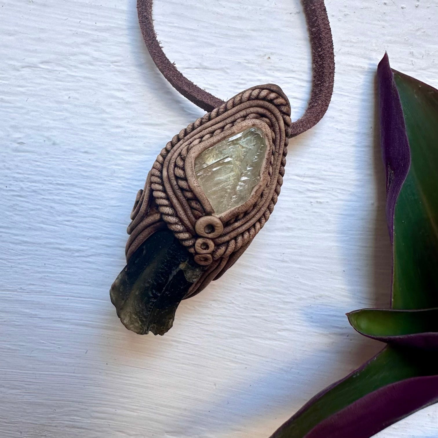 Moldavite and Hiddenite Pendant Necklace - FairyGardenGlow