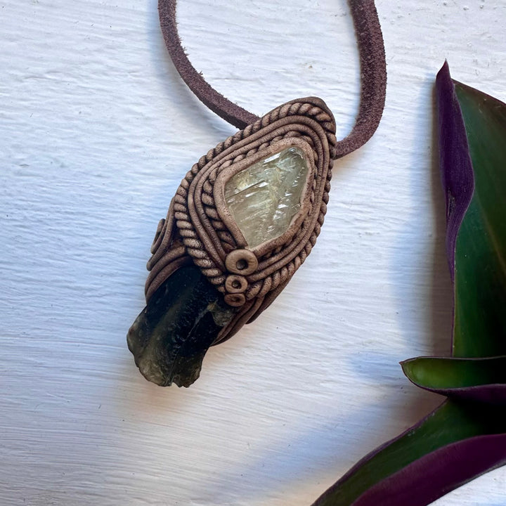 Moldavite and Hiddenite Pendant Necklace - FairyGardenGlow