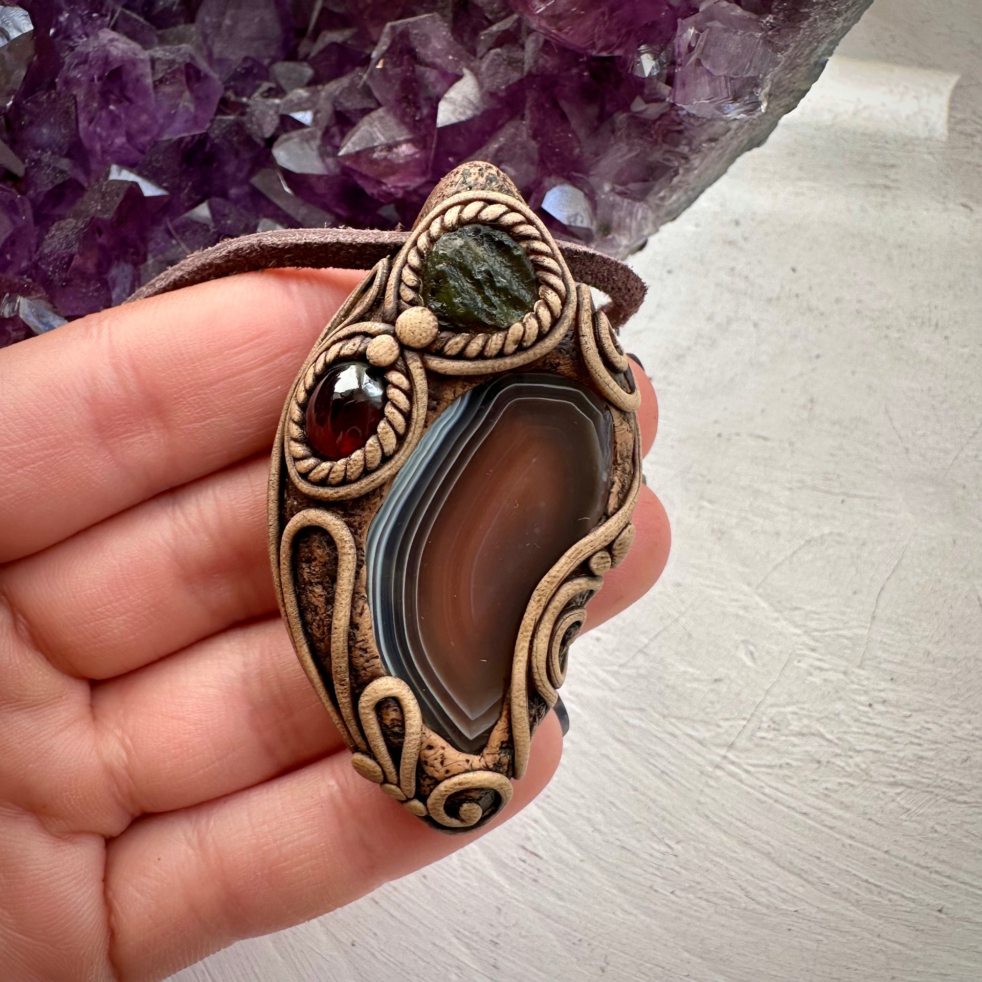 Botswana Agate Red Garnet and Moldavite Pendant Necklace - FairyGardenGlow