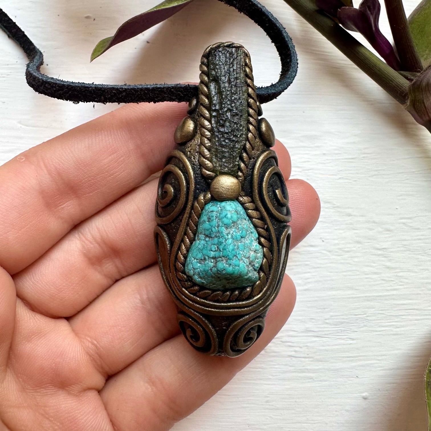 Turquoise and Moldavite Pendant Necklace - FairyGardenGlow