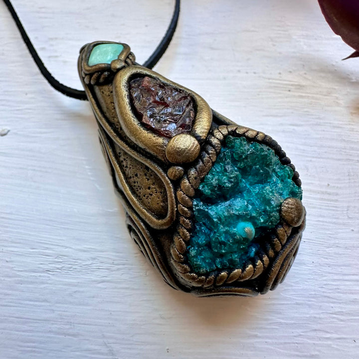 Raw Chrysocolla Red Garnet and Tibetan Turquoise Necklace - FairyGardenGlow