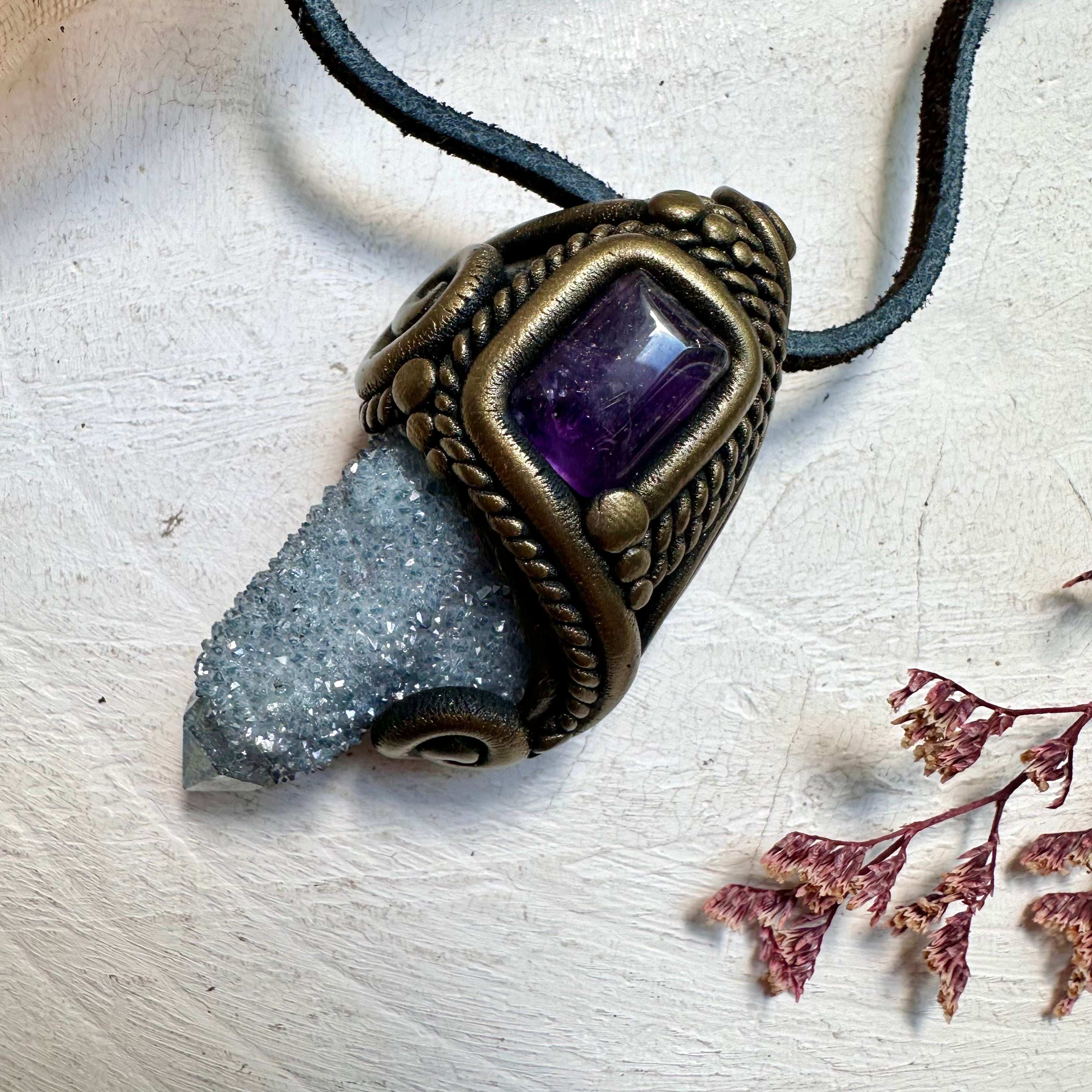Aqua Aura Spirit Quartz and Amethyst Pendant Necklace - FairyGardenGlow