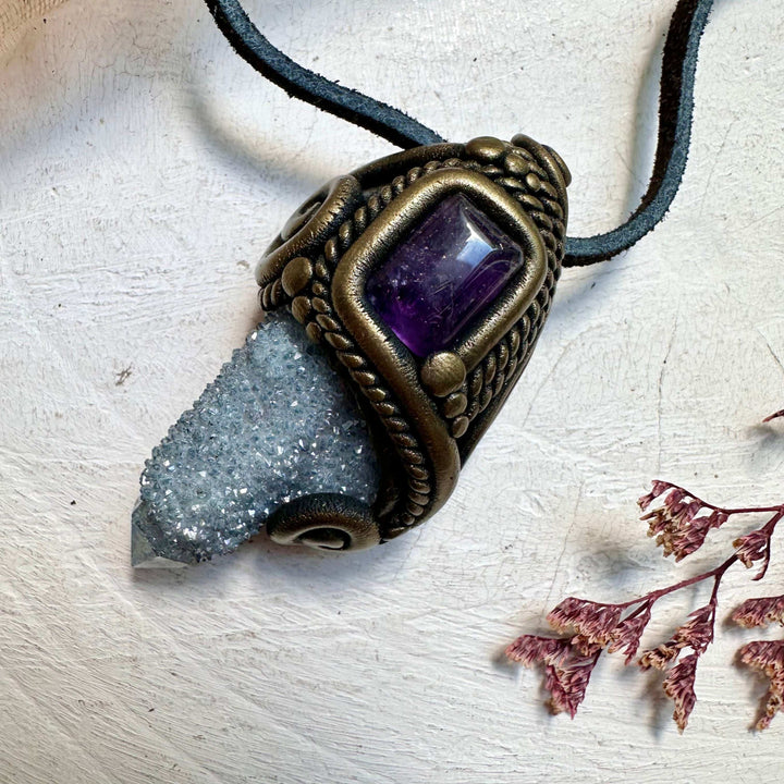 Aqua Aura Spirit Quartz and Amethyst Pendant Necklace - FairyGardenGlow